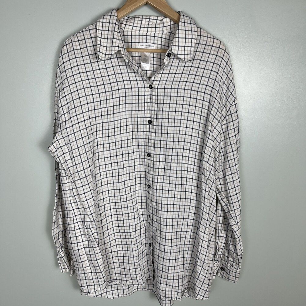 Liz Claiborne Women Lizsport Linen White Plaid Button Up Shirt Sz XL Long Sleeve
